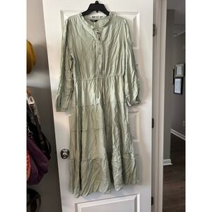Mascomoda Sage Green Tiered Maxi Dress Long Sleeve Boho Button Front Pockets L